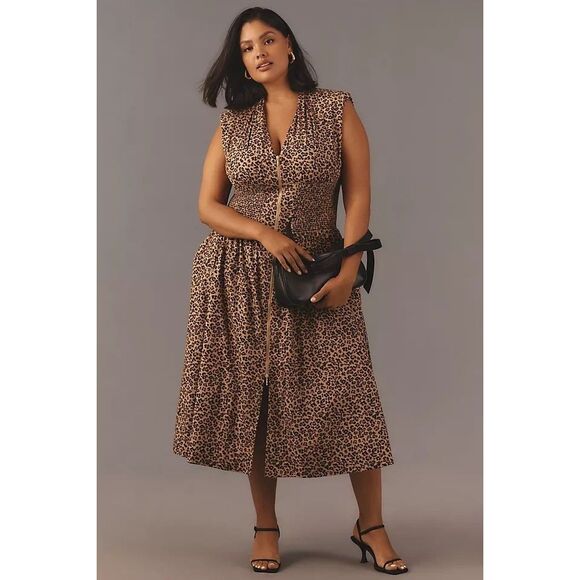 Anthropologie Maeve Tommie Cap-Sleeve Smocked Front-Zip Shirt Dress Leopard 3X - Picture 4 of 6